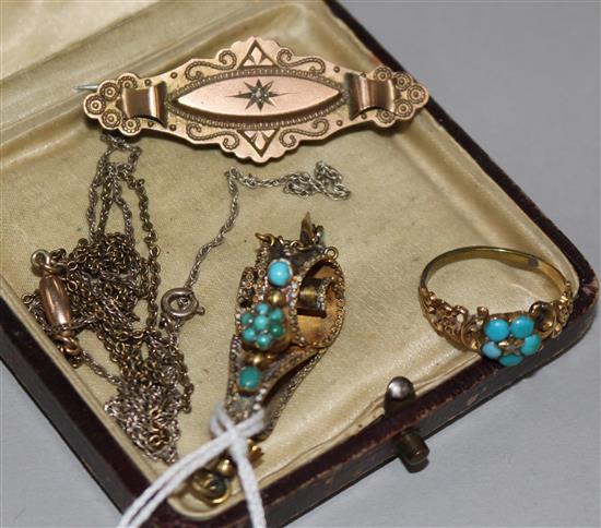 A Victorian gold and diamond bar brooch, a pendant, a Victorian gold and turquoise ring and two fine chain link necklaces (5)